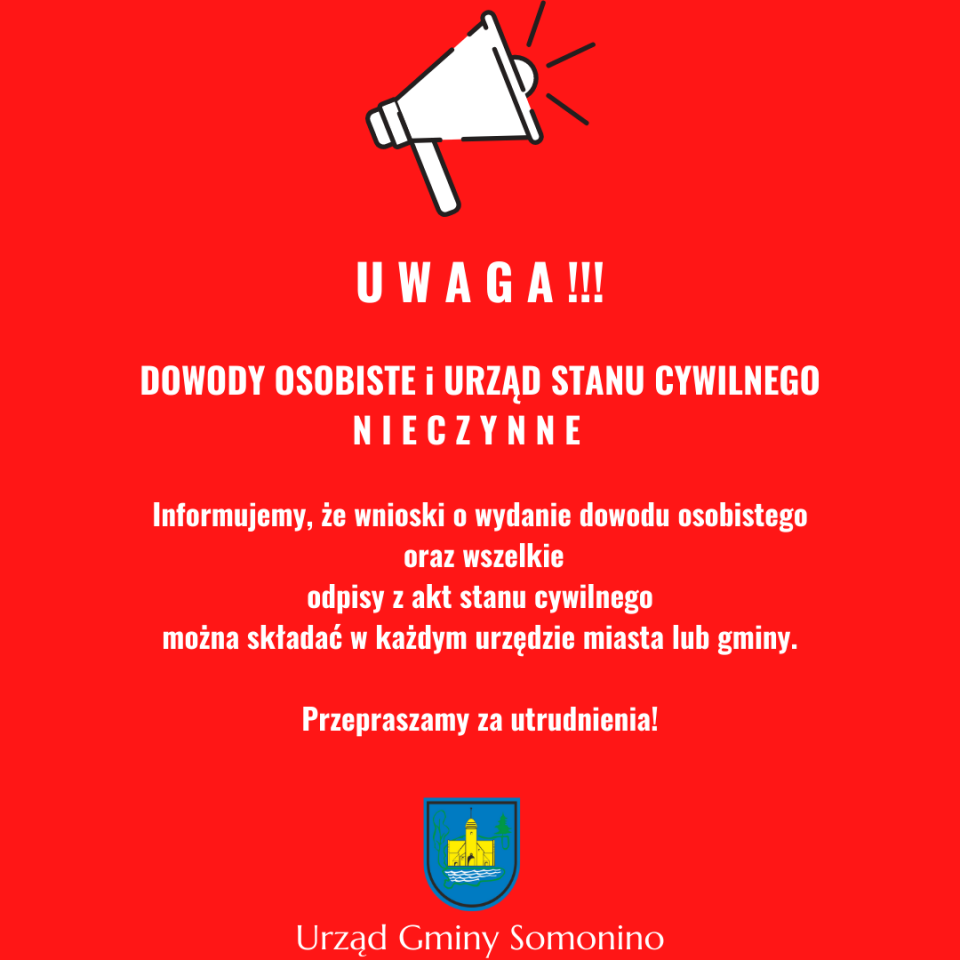 Urząd Stanu Cywilnego oraz Dział Ewidencji Ludności nieczynne do odwołania